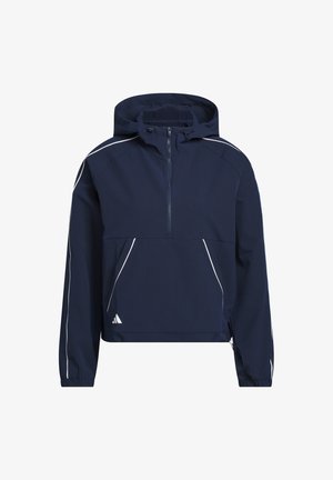 Tumši zils kapucētas džemperis ar ceturkšņa rāvējslēdzēju, baltām akcentiem un priekšējo kabatu. Izgatavots no faktūras auduma ar ribveida detaļām.