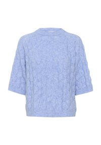 Blauwe kabelgebreide trui met korte mouwen, ronde hals, gedetailleerd gestructureerd patroon en geribbelde boorden en zoom.