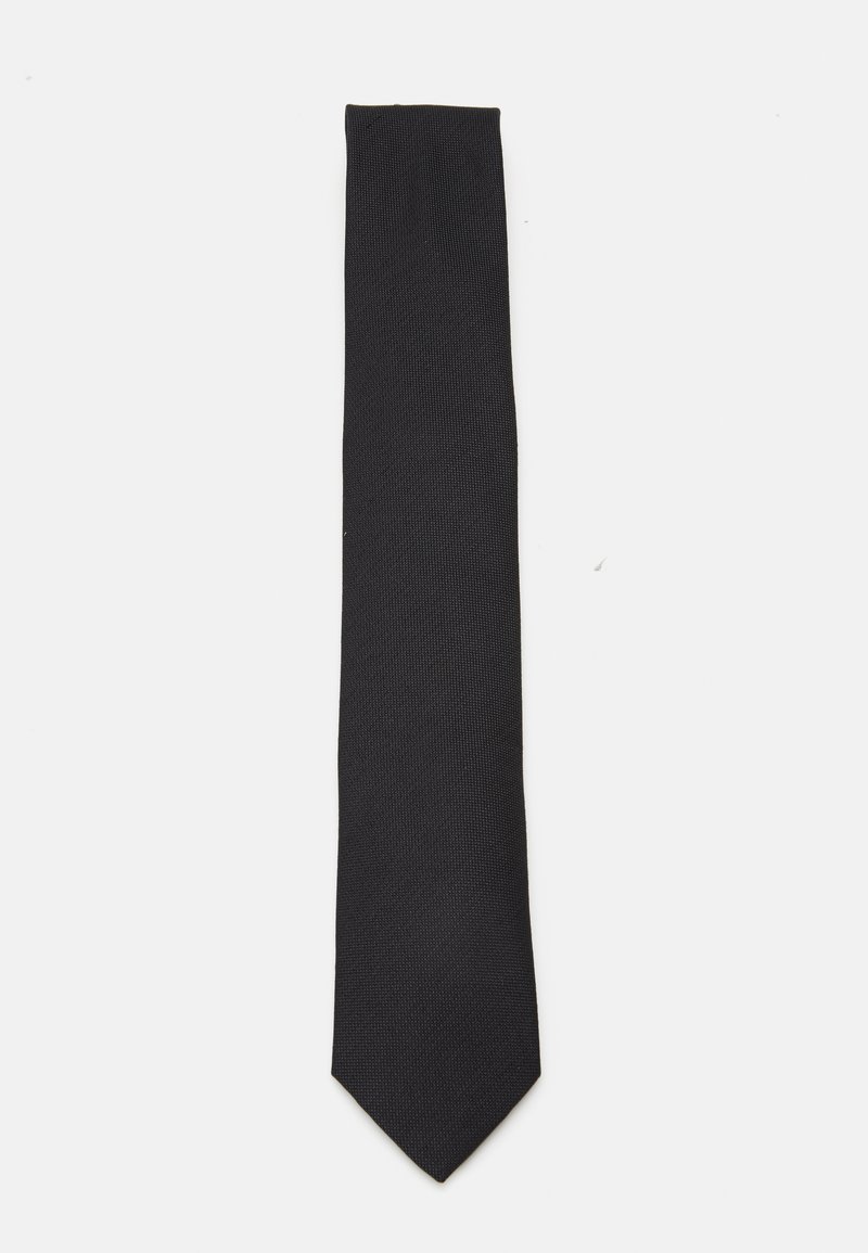 Schwarze Krawatte, schmales Design mit strukturiertem Gewebe. Spitz zulaufende Spitze und einheitliche Farbe, geeignet für formelle Anlässe.