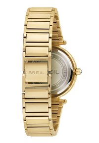 Guld rustfrit stål ur med et rektangulært linkarmbånd. Rundt urkasse har en glat bezel og en minimalistisk urskive med brandgravering.