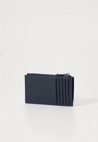 Navy blue leather wallet with a zippered closure, features vertical card slots, textured exterior, and visible stitching detail.
