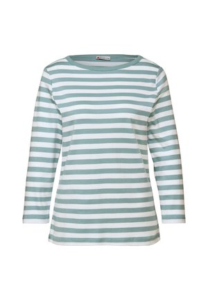 Jasnozielona i biała, w paski, długosłowa koszula z okrągłym dekoltem i miękkiej bawełnianej tkaniny; posiada równomiernie rozmieszczone poziome paski.