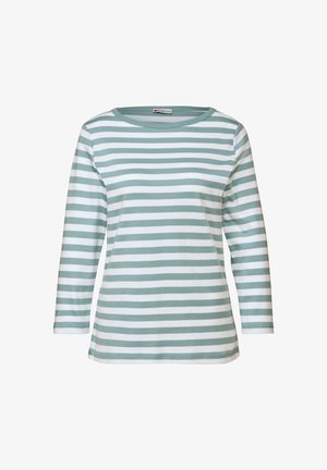 Jasnozielona i biała, w paski, długosłowa koszula z okrągłym dekoltem i miękkiej bawełnianej tkaniny; posiada równomiernie rozmieszczone poziome paski.