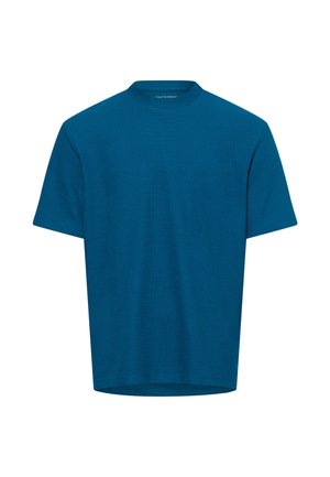 Short-sleeve teal t-shirt with a textured finish and rounded neckline. Simple design, no visible patterns or embellishments.