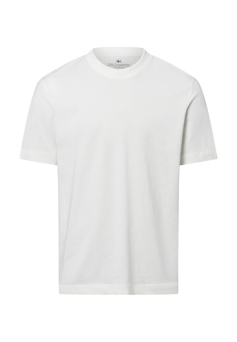 Weißes Baumwoll-T-Shirt mit rundem Ausschnitt und kurzen Ärmeln. Verfügt über eine glatte Stofftextur und ein minimalistisches Design ohne Muster.