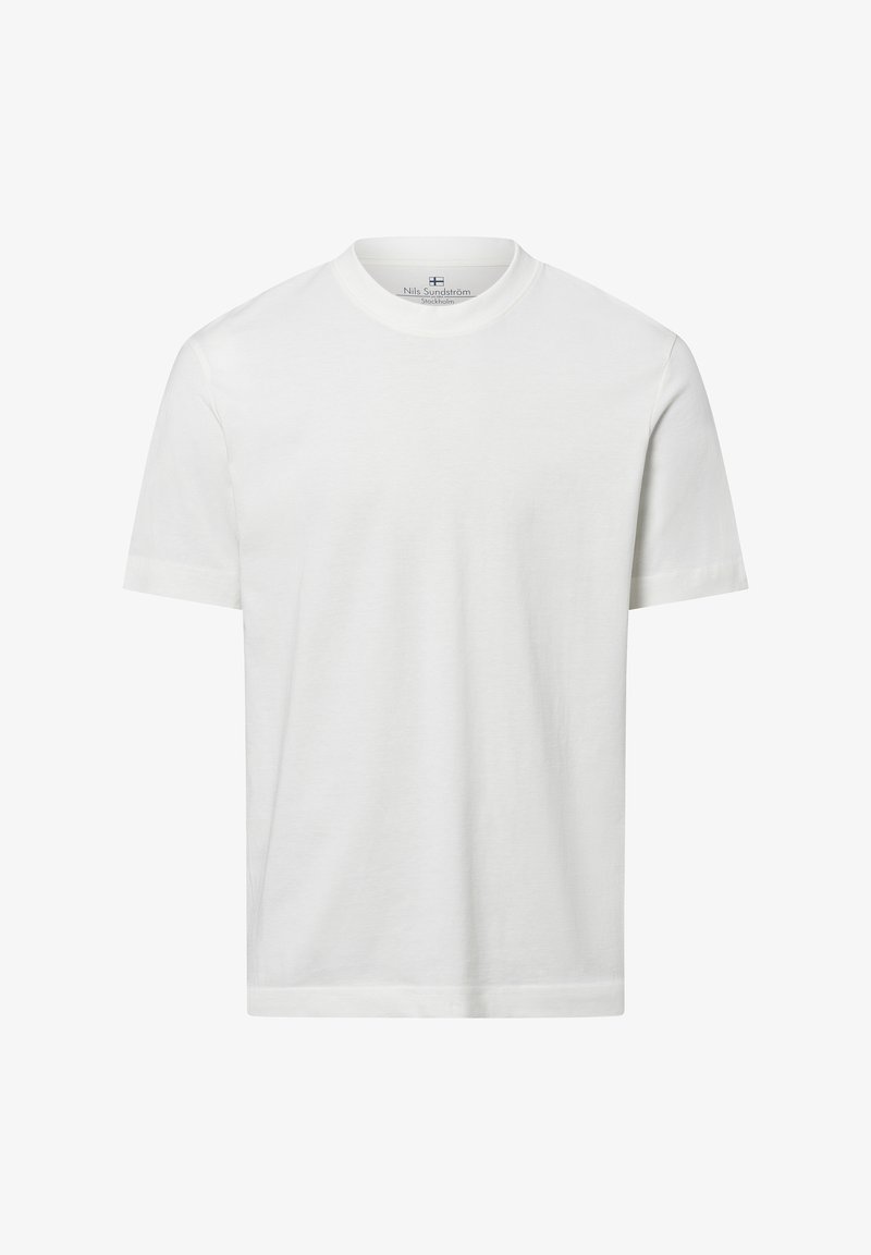 Weißes Baumwoll-T-Shirt mit rundem Ausschnitt und kurzen Ärmeln. Verfügt über eine glatte Stofftextur und ein minimalistisches Design ohne Muster.