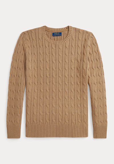 Bēšs adīts džemperis ar apaļu kakla izgriezumu, ar ribotām piedurknēm un apakšu, kā arī teksturētu rakstu visā audumā.