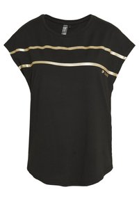 Camiseta negra de manga corta con dos franjas horizontales doradas, un corte holgado y un escote redondo. Tejido suave con una textura lisa.