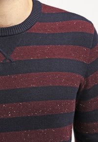 Gestreifter Pullover in Burgund und Marineblau. Hergestellt aus gestricktem Stoff mit einem gerippten Rundhalsausschnitt. Verfügt über Sprenkel im gesamten Gewebe.