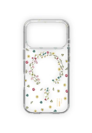 Klarer Handyhülle mit bunten kleinen Blumenmustern und der "Ideal of Sweden"-Marke in goldener Schrift in der unteren rechten Ecke.