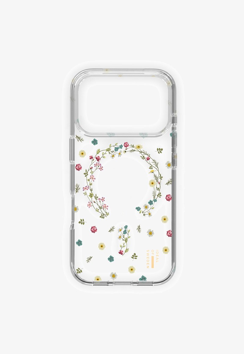 Przezroczyste etui na telefon z kolorowymi, małymi wzorami kwiatowymi oraz złotym napisem "Ideal of Sweden" w prawym dolnym rogu.