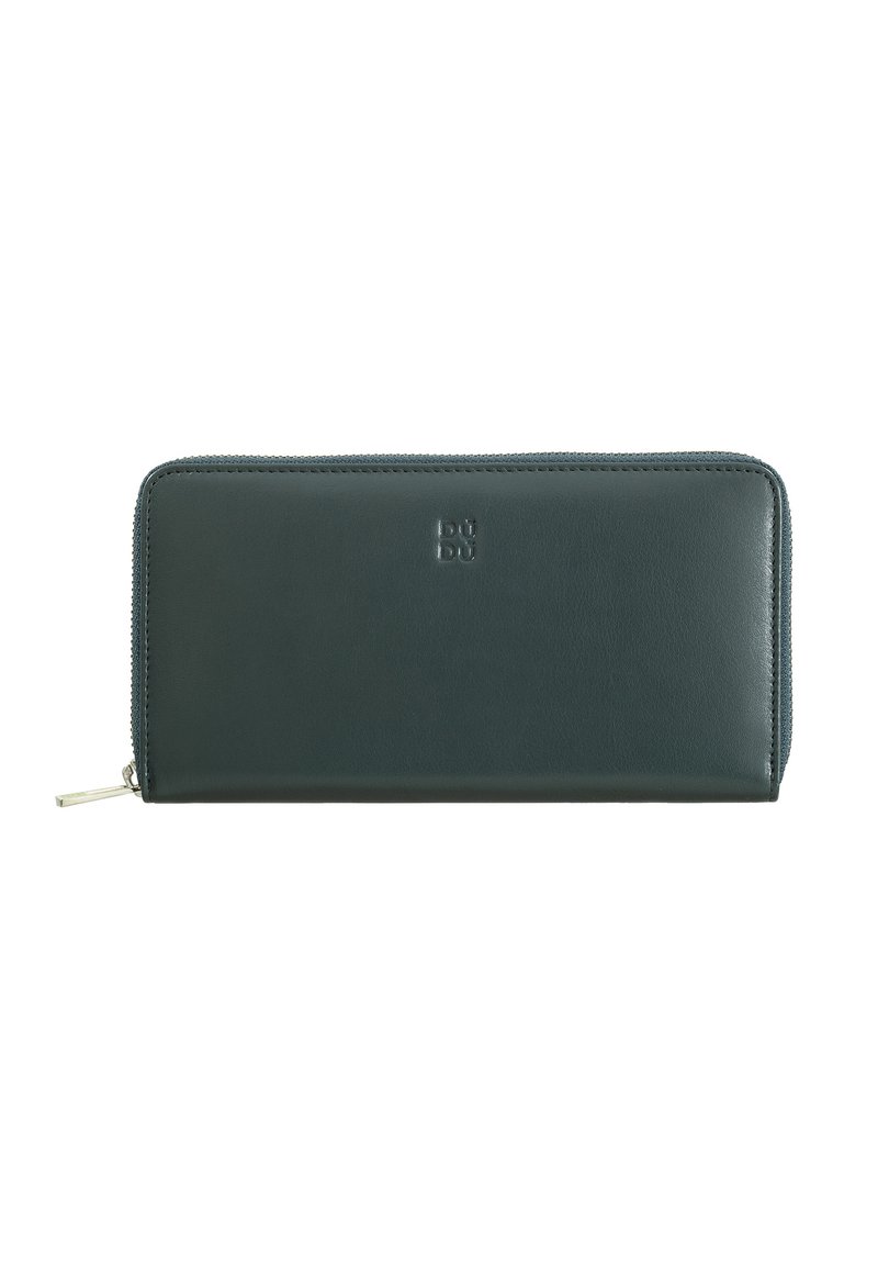 Portafoglio verde in pelle con chiusura a zip, logo impresso sulla parte anteriore e superficie liscia. Forma rettangolare con angoli arrotondati.