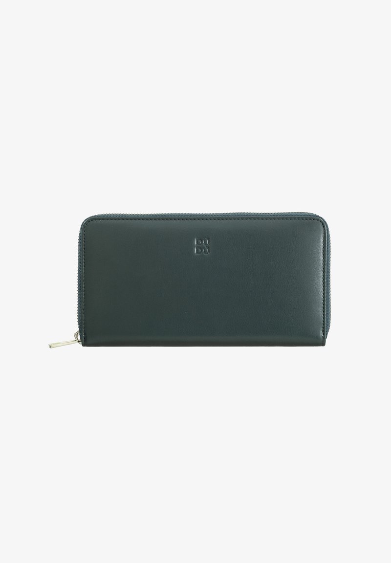 Green leather wallet with a zip closure, embossed logo on the front, and smooth texture. Rectangular shape with rounded edges.
