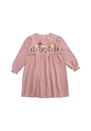 Rosa Cordkleid mit langen, puffigen Ärmeln, rundem Ausschnitt und bestickten Blumen in Orange, Rot, Weiß und Grün auf der Brust.