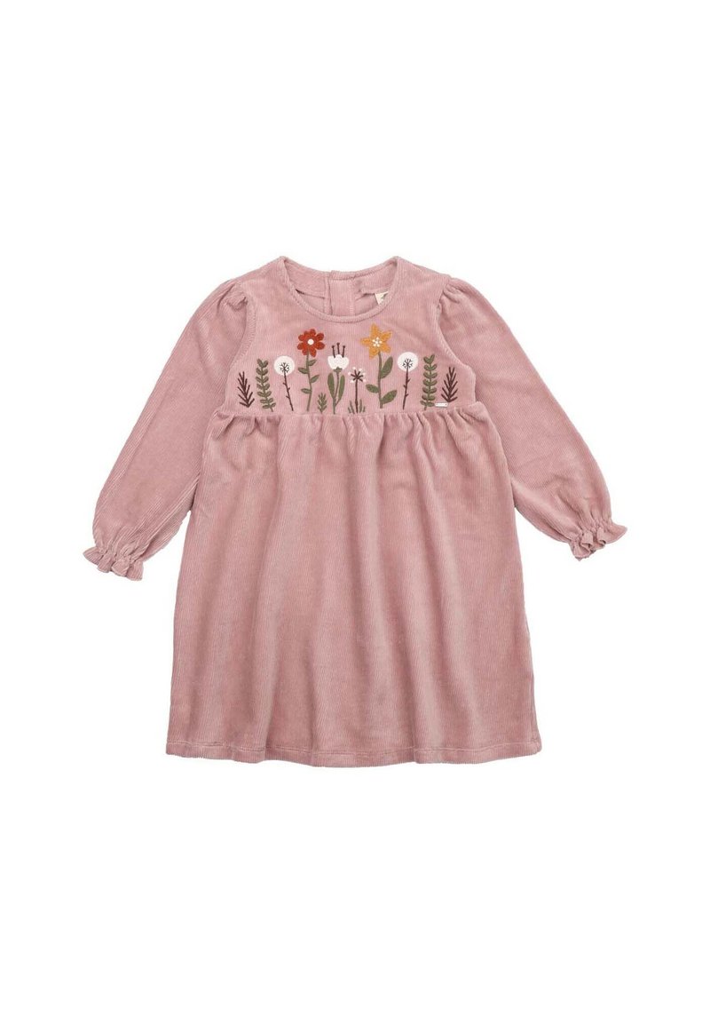 Rosa Cordkleid mit langen, puffigen Ärmeln, rundem Ausschnitt und bestickten Blumen in Orange, Rot, Weiß und Grün auf der Brust.
