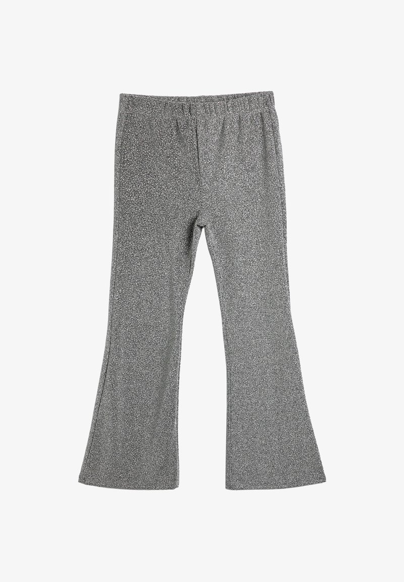 Graue, ausgestellte Hosen aus einem strukturierten Stoff mit dezentem Glanz. Sie haben einen elastischen Bund für eine bequeme Passform.