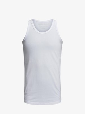White cotton tank top with a crew neckline, wide shoulder straps, and minimal branding printed inside the collar. Soft texture, casual fit.