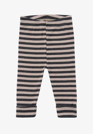 Striped leggings in ribbed fabric, featuring alternating dark gray and light beige horizontal stripes, with folded cuffs at the ankles.