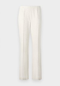 Pantaloni beige chiaro realizzati in un tessuto testurizzato. Presentano un design sartoriale con pinces frontali e una silhouette a gamba dritta.