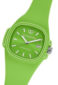 Reloj de silicona verde con un diseño octagonal, esfera texturizada, marcadores de hora blancos y display de fecha a las 3 en punto. Fabricado en Suiza.