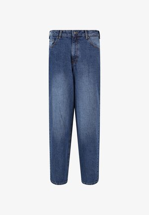 Heledad sinine teksapüksid, millel on lõdva istuvuse ja kitsenevad säärted ning traditsiooniline viie tasku disain. Vastupidav materjal koos õrna pleekimisega.