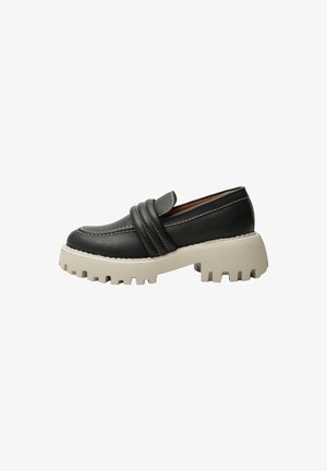 Black leather loafers with dual strap detailing, white stitching, and chunky beige rubber sole featuring a ridged texture and grip.