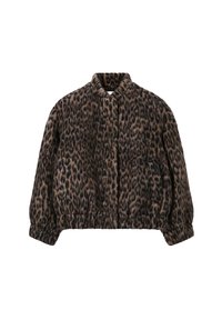 Veste matelassée imprimée léopard avec un col montant, des poignets élastiques et des poches latérales, fabriquée dans un tissu doux et texturé aux tons marron et noir.