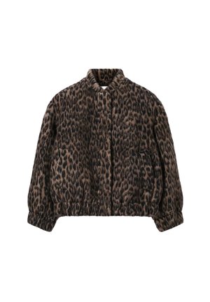 Leopard print puffer jacket featuring a high collar, elastic cuffs, and side pockets, made of soft, textured fabric in brown and black tones.