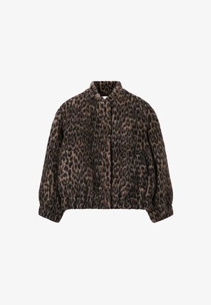 Veste matelassée imprimée léopard avec un col montant, des poignets élastiques et des poches latérales, fabriquée dans un tissu doux et texturé aux tons marron et noir.