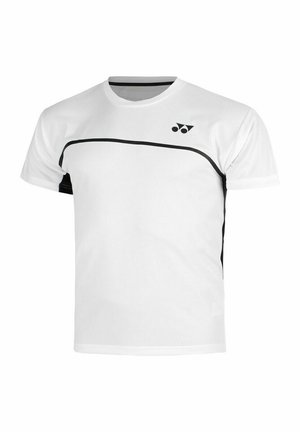 Wit sport-T-shirt met korte mouwen, met een zwarte gekromde lijn over de borst en het Yonex-logo aan de linkerbovenkant.