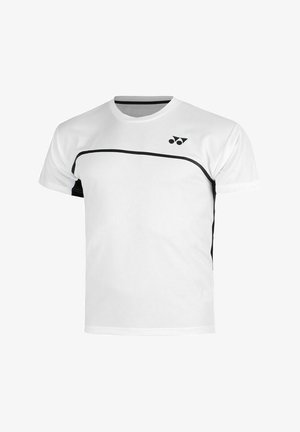 Maglietta sportiva bianca a maniche corte con design a linea curva nera sul petto e logo Yonex sulla parte superiore sinistra.