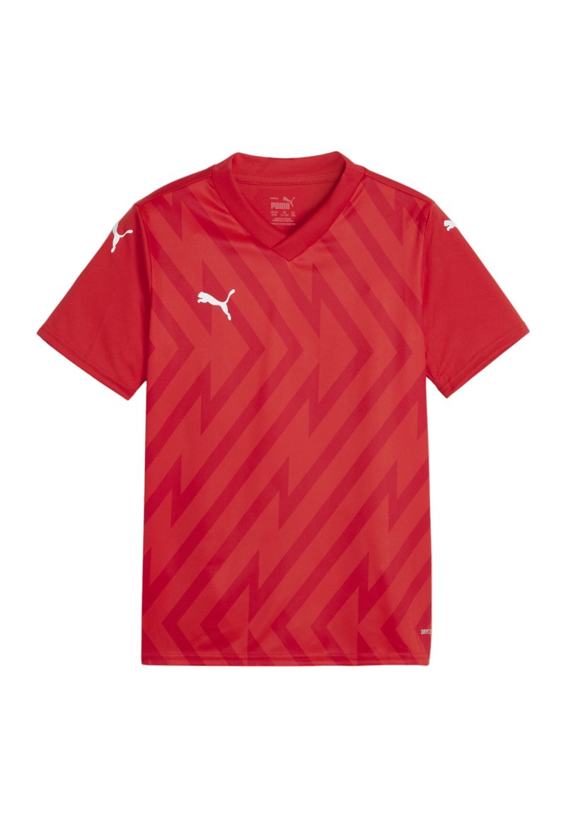 Czerwona koszulka sportowa z dekoltem w kształcie v, krótkimi rękawami i geometrycznym wzorem w zygzaki. Posiada białe logo Puma na rękawach i na piersi.