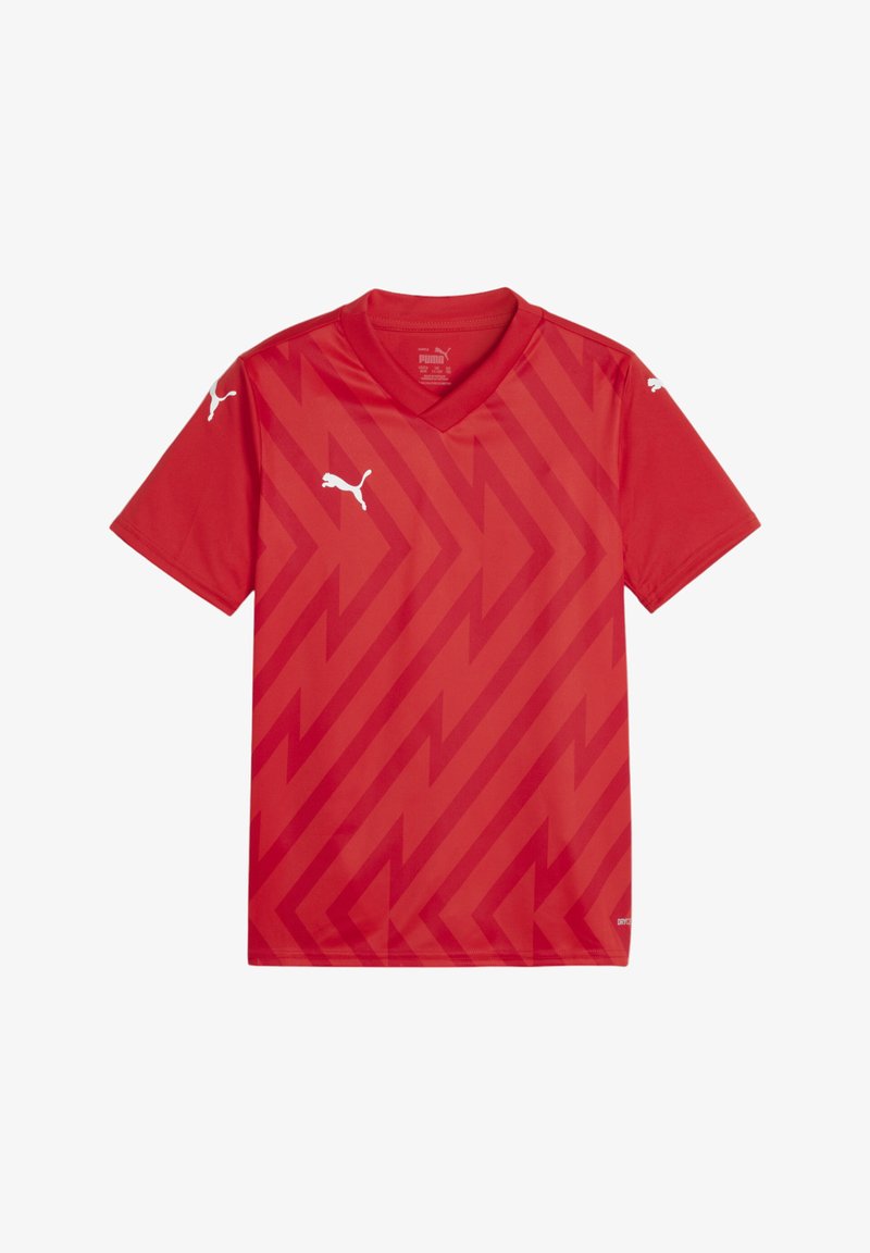 Czerwona koszulka sportowa z dekoltem w kształcie v, krótkimi rękawami i geometrycznym wzorem w zygzaki. Posiada białe logo Puma na rękawach i na piersi.