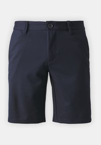 Pantalones cortos de hombre en azul marino, ajustados, con botón y trabillas para el cinturón, de longitud a la rodilla, diseño liso, vista frontal sobre fondo blanco.