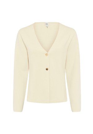Cardigan a maniche lunghe color crema con scollo a V e due bottoni frontali, etichettato Brax.