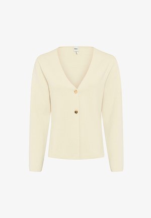 Cremefarbener Langarm-Cardigan mit V-Ausschnitt und zwei vorderen Knöpfen, mit dem Etikett Brax.