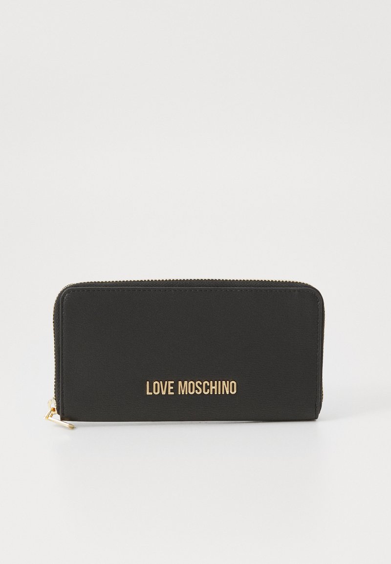 Black leather wallet with a textured finish, gold "LOVE MOSCHINO" logo, zip closure, and a rectangular shape.
