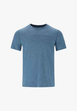 Blå T-shirt med kort ärm i lätt material. Har en rundad nacke och en präglad logotyp på bröstet. Slät textur.