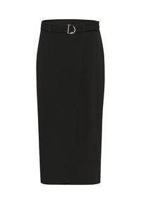 Jupe crayon noire en tissu lisse, dotée d'une ceinture décorative avec une boucle en argent et d'une fente sur le côté pour faciliter les mouvements.
