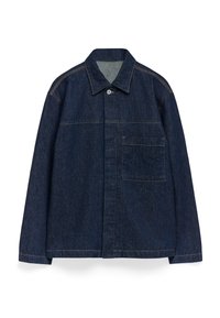 Mörk denimjacka med knappstängning, spetsig krage och bröstficka. Har kontrasterande sömmar och en avslappnad passform.