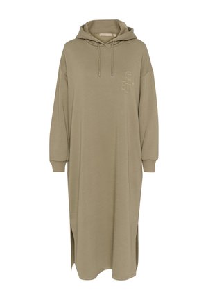 Robe à capuche beige en tissu doux, avec des manches longues, des fentes sur les côtés et un logo brodé sur la poitrine.