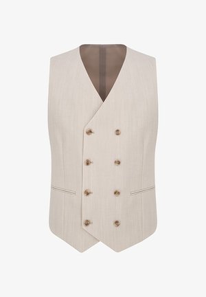 Beżowa kamizelka dwurzędowa z dekoltem w szpic i czterema guzikami, wykonana z teksturowanej tkaniny, z dwoma bocznymi kieszeniami. Tylny panel w jednolitym kolorze.