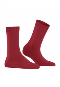Coppia di calze rosse semplici fino al polpaccio con risvolti rigati, una in posizione verticale e l'altra leggermente inclinata in avanti su uno sfondo bianco.
