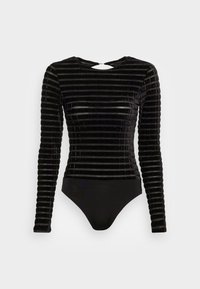 Schwarzer Langarm-Bodysuit mit vertikalen strukturierten Streifen, aus Samt gefertigt. Hat einen runden Halsausschnitt und ein dezentes Schlüssellochdetail im Rücken.