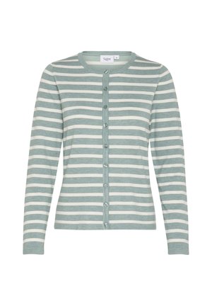 Hele rohelise ja valge triibuline kardigan, mis on valmistatud pehmest kangast, omades ümmargust kaelust, pikki varrukaid ja nööbi eesmist sulgemist.