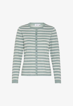 Hele rohelise ja valge triibuline kardigan, mis on valmistatud pehmest kangast, omades ümmargust kaelust, pikki varrukaid ja nööbi eesmist sulgemist.