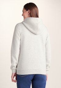 Light gray hoodie featuring a drawstring hood, ribbed cuffs, and hem. Material appears soft with a subtle texture. Back view displayed.