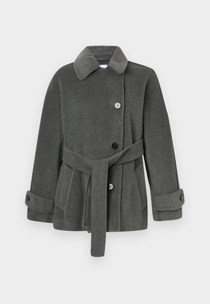 Grahamelierter Wollmischmantel mit breitem Kragen, doppelreihigen Knöpfen, seitlichen Taschen und einem abnehmbaren Gürtel, mit umgeschlagenen Manschetten und weicher Textur.