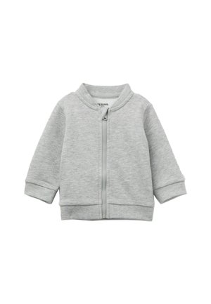 Grauer Sweatshirt aus weicher Baumwolle, mit Reißverschluss, gerippten Bündchen und rundem Halsausschnitt, ohne sichtbare Muster oder Akzente.