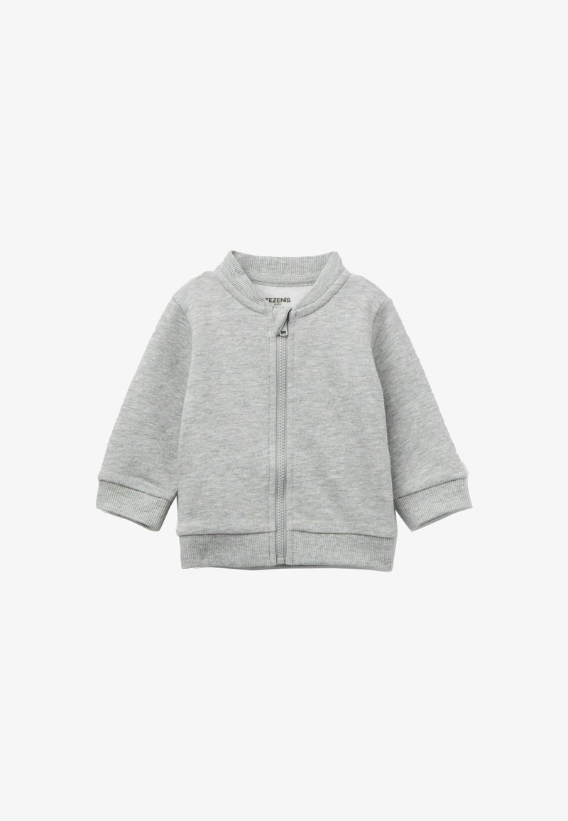 Grauer Sweatshirt aus weicher Baumwolle, mit Reißverschluss, gerippten Bündchen und rundem Halsausschnitt, ohne sichtbare Muster oder Akzente.